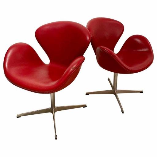Pair of Red Leather Arne Jacobsen for Fritz Hansen Swan Chairs - SOLD