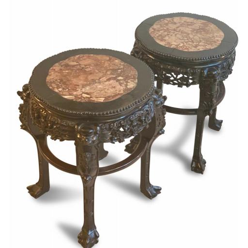 Pair of 19th century antique Chinese carved side tables with marble insert tops - SOLD