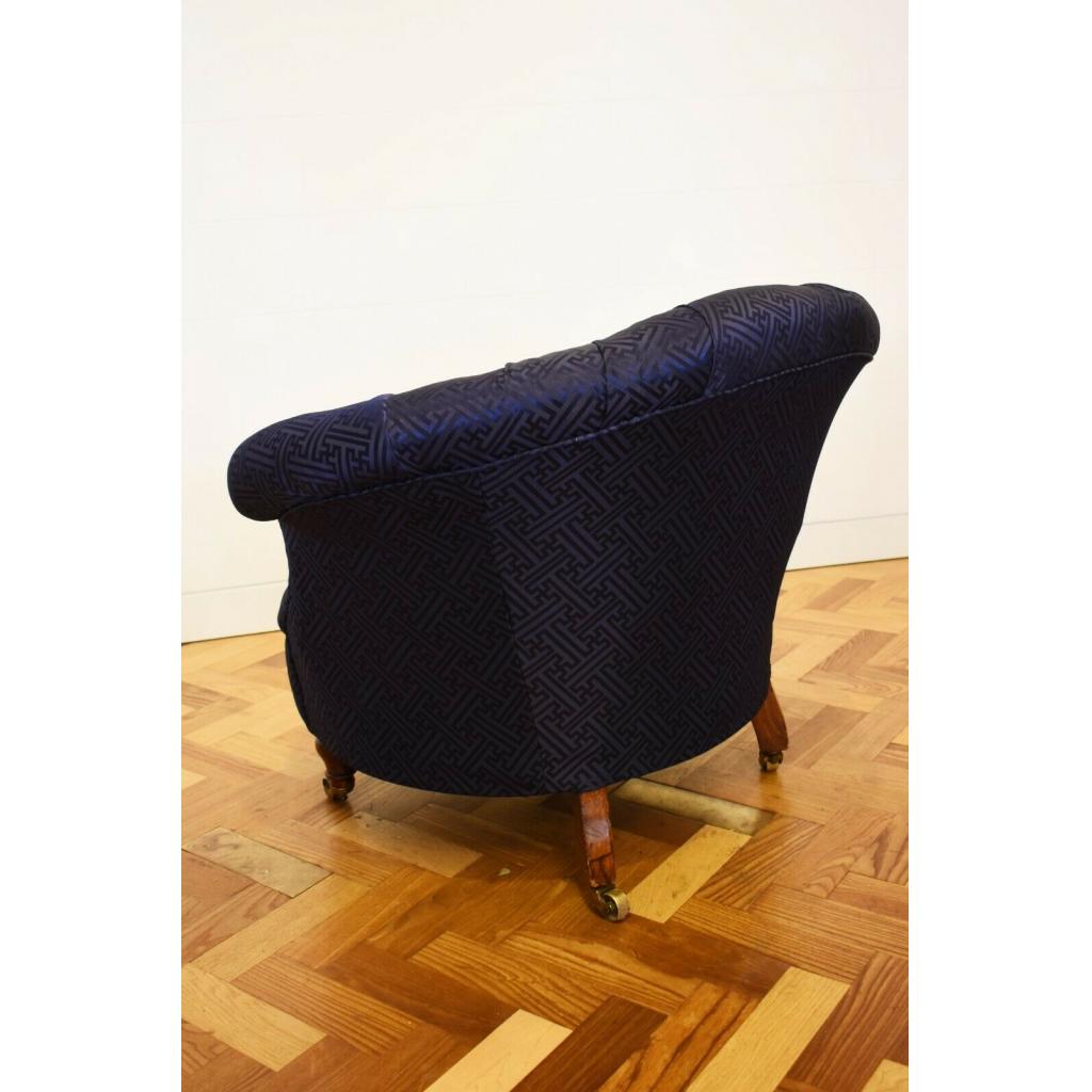 Victorian Button Back Tub Chair With Mahogony Legs Upholstered In Navy Silk