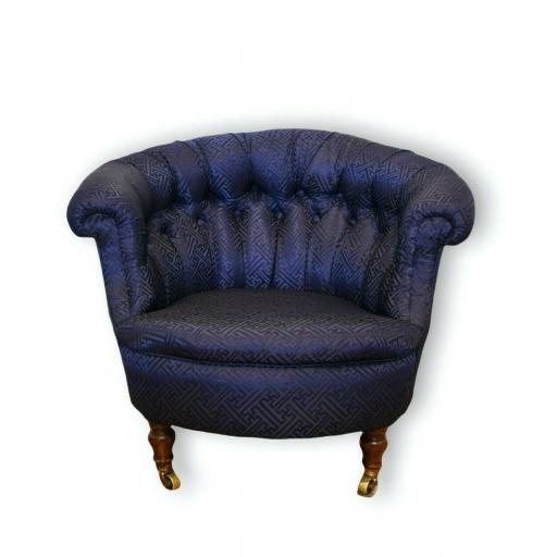 Victorian Button Back Tub Chair with Mahogany Legs Upholstered in Navy Silk