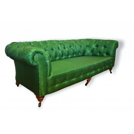 Victorian Button Back Chesterfield with Mahagony Legs, Upholstered in Green Silk
