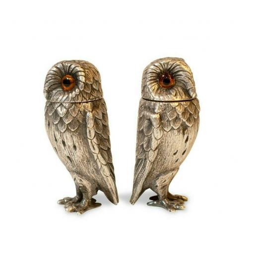 Solid Silver Owl Salt and Pepper Shakers Richard Comins, London, 1970's.