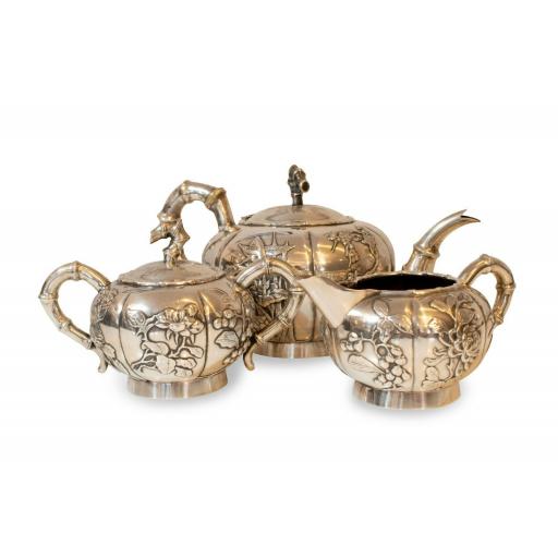 1880s Antique Solid Silver Chinese Teapot 3 Piece Set with Bamboo Detailing