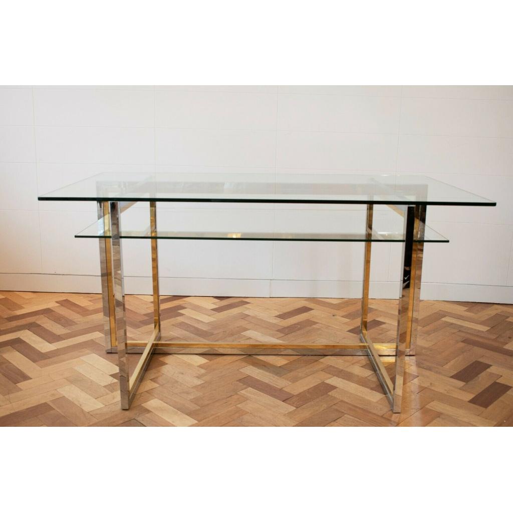 1970s Italian Glass Desk with Chrome and Brass Detailing