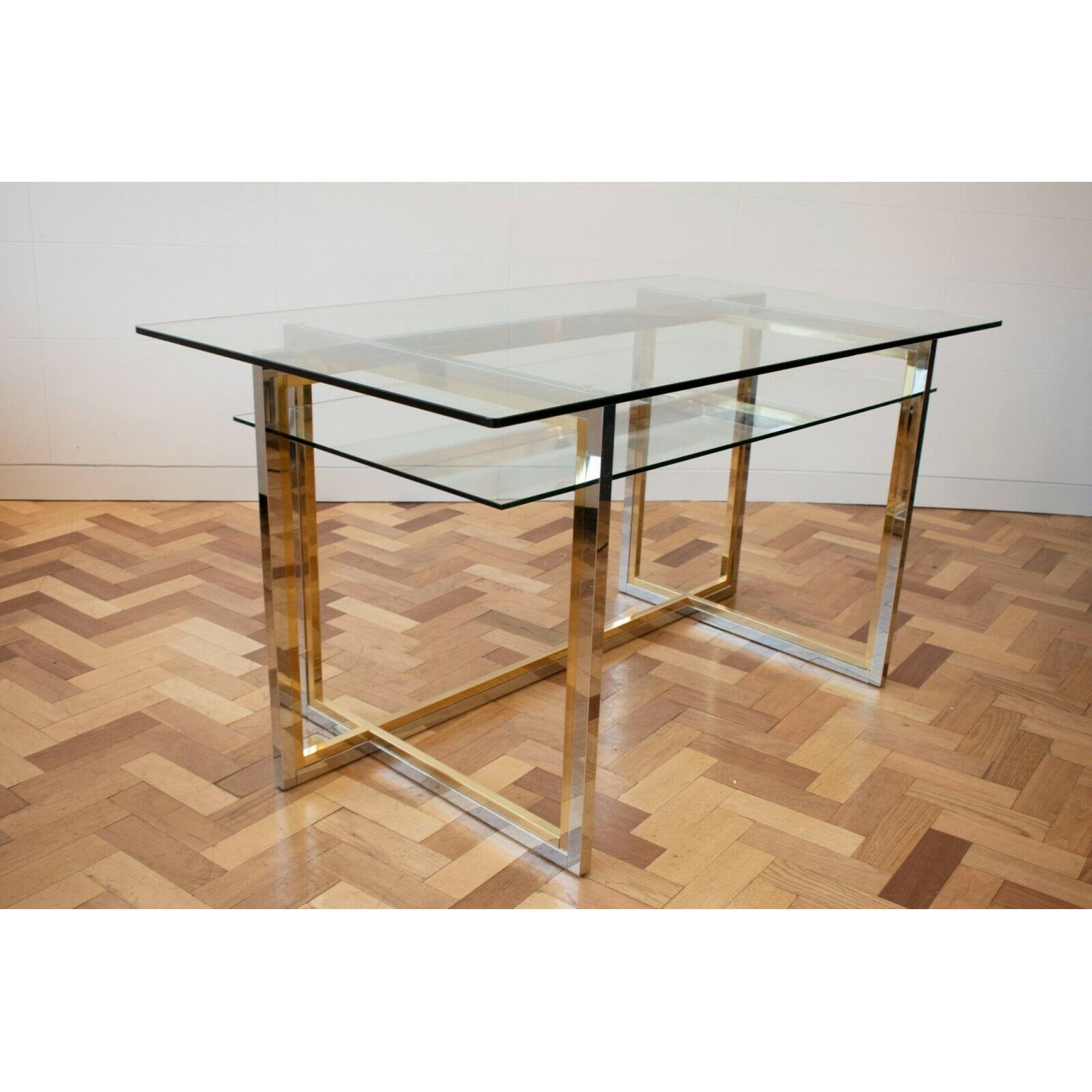 1970s Italian Glass Desk with Chrome and Brass Detailing