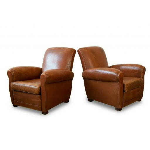 Pair of 1940s French Club Chairs in Original Brown Leather Upholstery