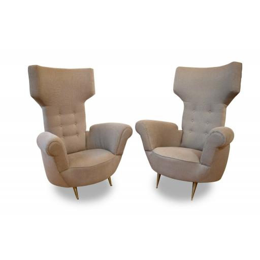 Pair of 1950's Italian Wingback Armchairs in Grey Upholstery- SOLD