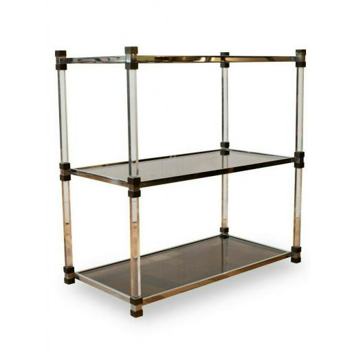 1970s French Perspex, Brass and Glass Three Tier Shelving Unit by Etagere