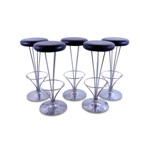 Mid-Century Barstools, Set of 5, Chrome and Leather, Piet Hein, Denmark, 1960s - SOLD