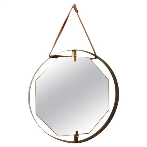 Italian Hexagonal Mirror with Circular Brass Frame
