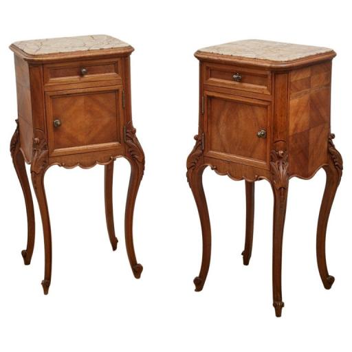 Pair of 1920s Louis XV Style Walnut Marble Top Nightstands - SOLD