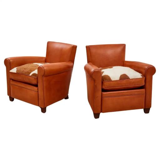 Pair of Tan Leather Club Chair with Cow Skin Cushions