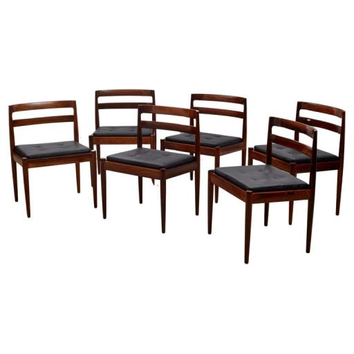 Set of 6 Rosewood Black Leather Danish Dining chairs, 1960s by Kai Kristiansen