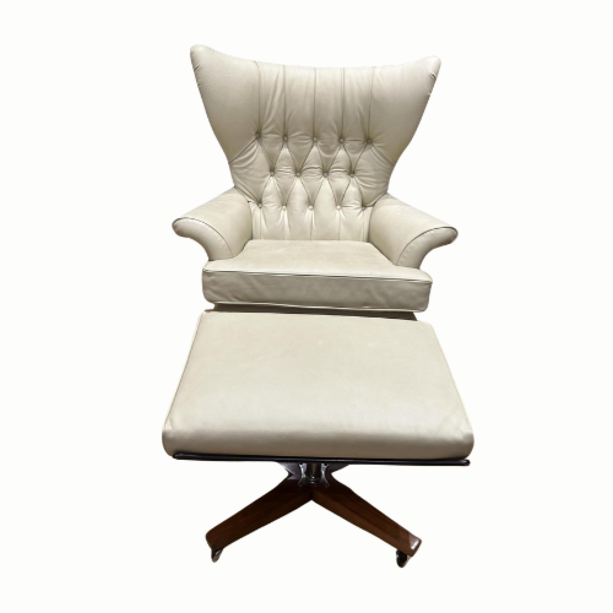 Vintage G Plan, Blofeld Swivel Chair In Cream Leather With Rosewood Feet