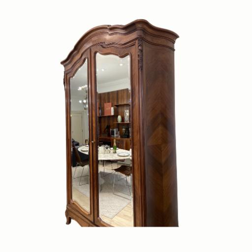 French Walnut Amoire / Wardrobe With Mirrored Doors