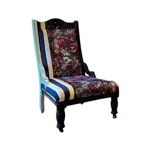 Victorian Carved Oak Armchair With Contrast Stripe & Floral Pattern