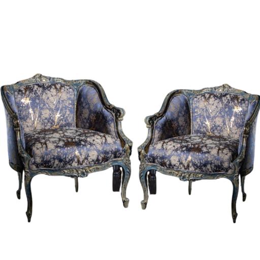 Pair Of Marble Effect Camouflage French Louis XV Style Armchairs