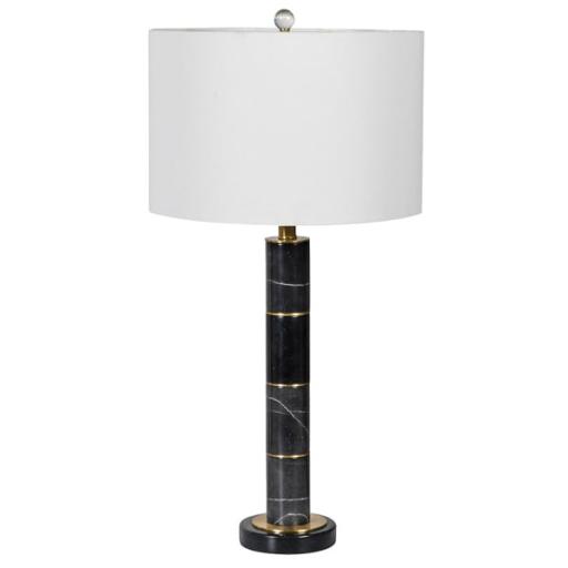 Black Marble Table Lamp with Linen Shade & Brass Inlay