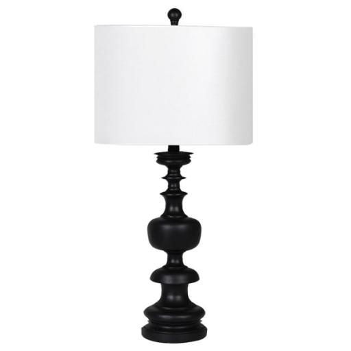Black Turned Wood Style Table Lamp with Linen Shade