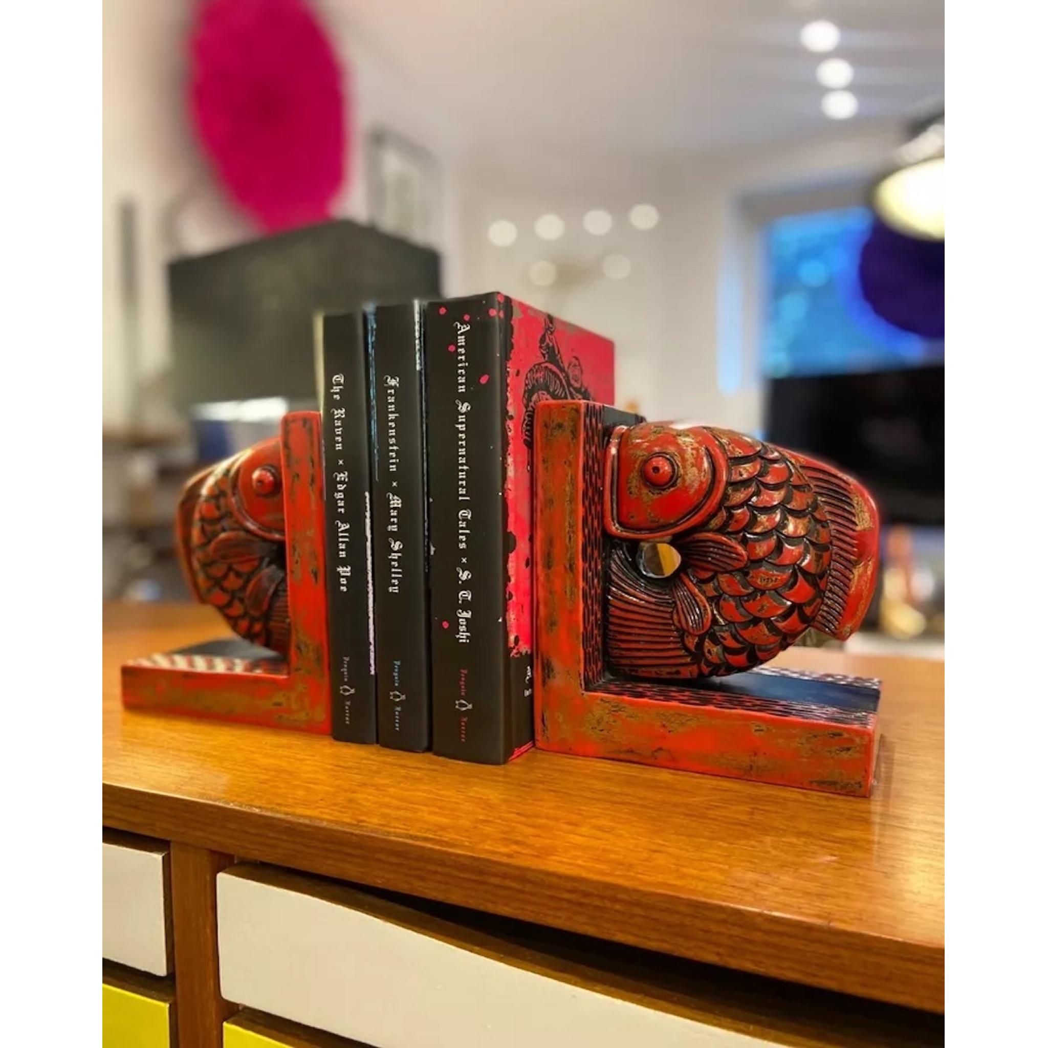 Oriental Fantail Fish Black & Red lacquered Bookends