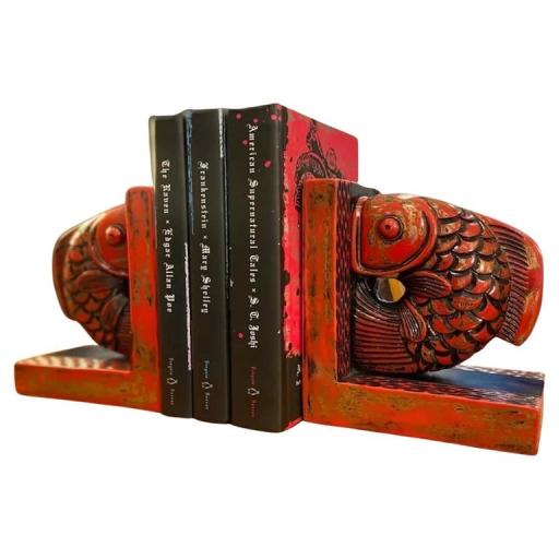 Oriental Fantail Fish Black & Red lacquered Bookends