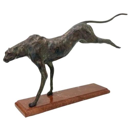 Antique Art Deco Bronze Sculptural Leopard On Marble Base