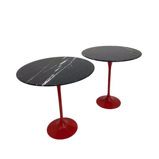 Vintage Black Marble Top Tables With Red Metal Tulip Bases