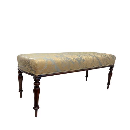 Antique Bench With Damask Print Silk Upholstery